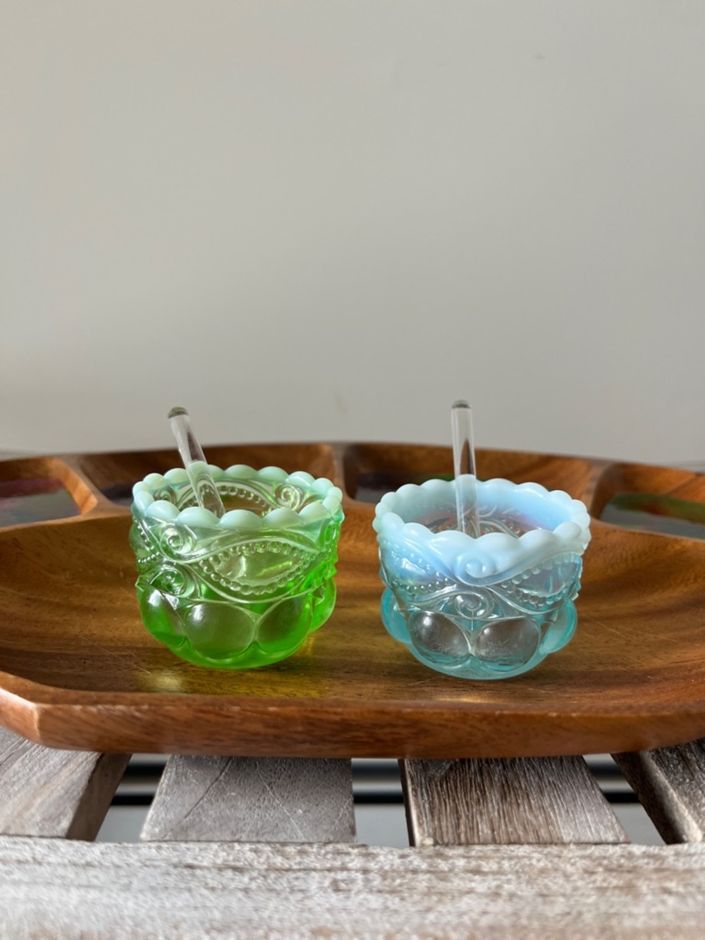 Vintage Opalescent Glass Salt Cellars w/ Spoons Set of 2 | Westmoreland Style